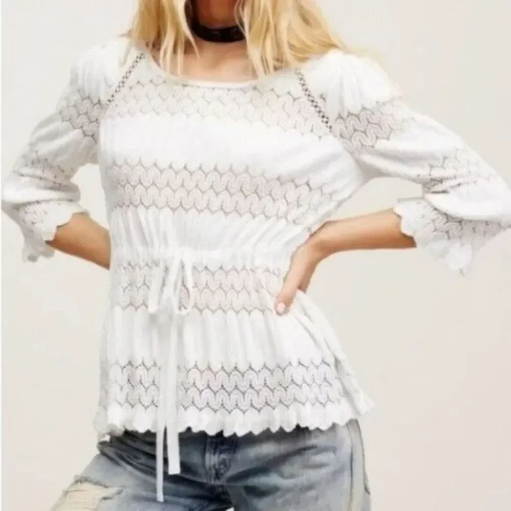 FREE PEOPLE Womens Top Small White Pullover Peplum Sheer Stretch FIRE ISLAND